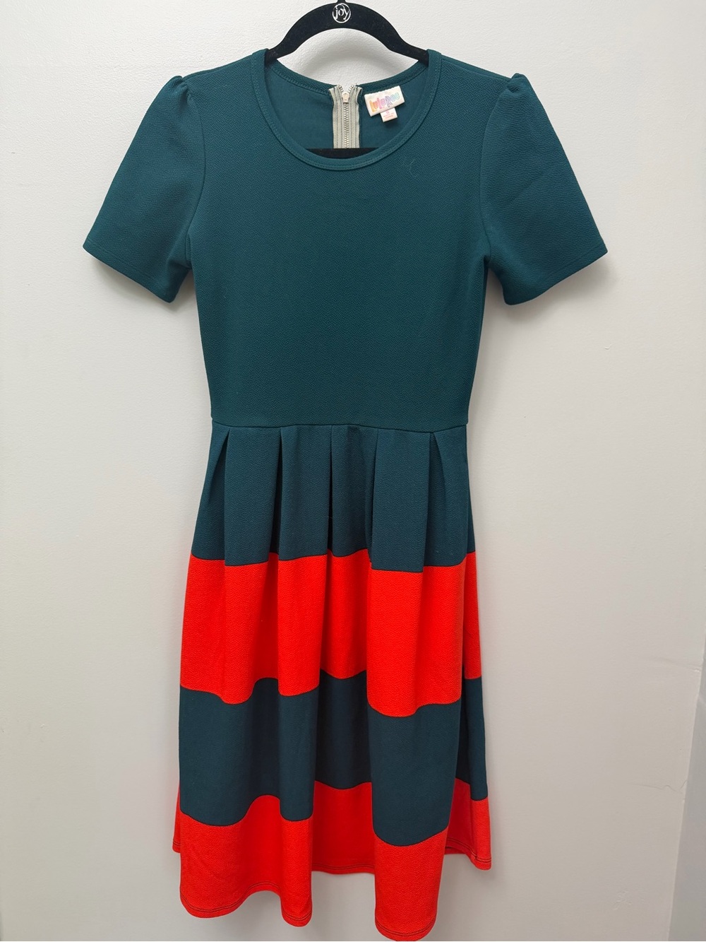 LuLaRoe Amelia Dress Colorblock Striped Pleated Midi Dress with Pockets